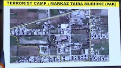 A visual of a terrorist camp in Pakistan which was struck as part of 'Operation Sindoor', being displayed during a press conference, in New Delhi. (IMAGE: PTI)
